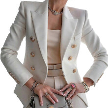 (S, White) Women's Ladies Casual Long Sleeve Lapel Double-breasted Slim Work Office Blazer Jacket
