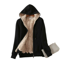 (2XL, Black) Women's Thick Lined Hoodie Jacket With Pocket Drawstring Hood Front Zipper