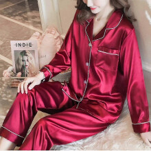 (2XL, Red) Women Satin Silk Look Sleepwear Pyjamas Long Sleeve Nightwear Set