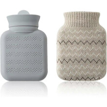 (Grey) Hot Water Bottle With Knited Cover, Reusable Mini Hot Water Bottles For Pain Relief Hand Warmers Gifts Microwave Heated