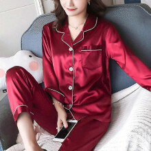 (M, Red) Women Satin Silk Look Sleepwear Pyjamas Long Sleeve Nightwear Set