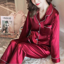 (3XL, Red) Women Satin Silk Look Sleepwear Pyjamas Long Sleeve Nightwear Set