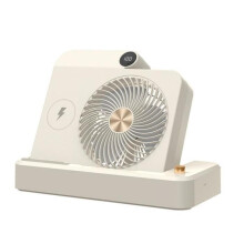 Multifunktionel bordventilator med trådløs oplader | USB-genopladelig, digitalt display, biomimetisk blad