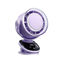 Ventilátor, 5 rychlostí, upevnění svorkou, LED světlo, nízká hlučnost, baterie 3600 mAh, nabíjení přes USB, přenosný, fialový
