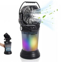 Campingventilator, Bærbar, 2L Sprayflaske, 15000 mAh, 4 Spraytilstande, 5,5 m/s Luftstrøm, RGB LED, Sort