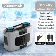 Přenosný venkovní ventilátor, závěsný ventilátor na krk, silný vítr s powerbankou - 20000 mAh, šedý - B