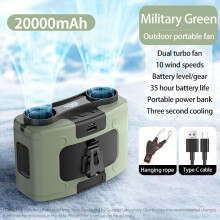 Bærbar udendørsventilator, hængende halsventilator, stærk vind med powerbank - 20000mAh grøn -A
