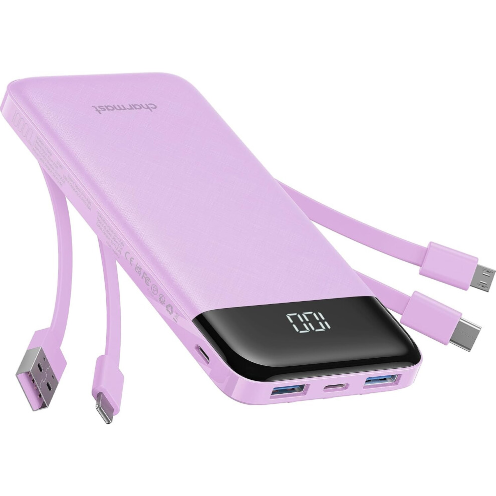 Charmast Power Bank With Built In Cables X 4, 10000Mah Portable Charger 6 Outputs 3 Inputs Travel Essentials, Led Display Type C Powerban 345678687345