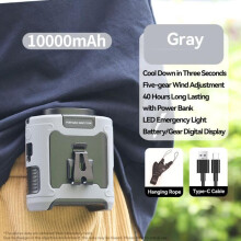 Bærbar udendørsventilator, hængende halsventilator, stærk vind med powerbank - 10000mAh grå - B