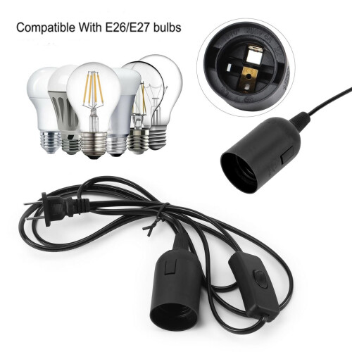 Extensão elétrica LED com tomada E26/E27, 1,8 m, preta, com interruptor.