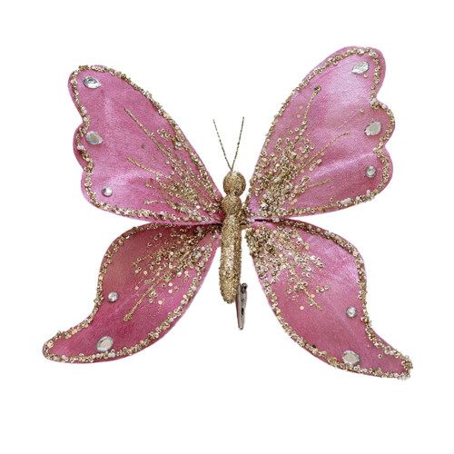 Enfeite de Natal em forma de borboleta com glitter e prendedor, rosa escuro.