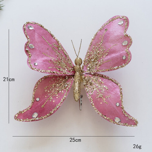 Enfeite de Natal em forma de borboleta com glitter e prendedor, rosa escuro. 1