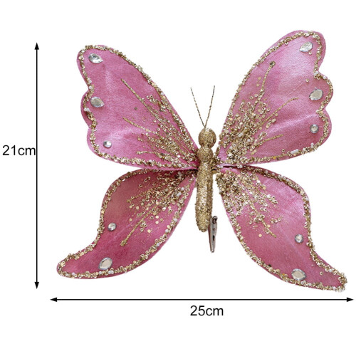 Enfeite de Natal em forma de borboleta com glitter e prendedor, rosa escuro. 2