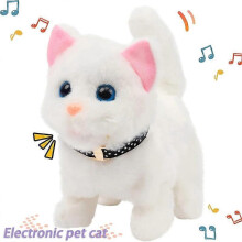 (Bell cat White) Electric plush toy for walking cat with voice, shaking head and wagging tail - perfect gift for