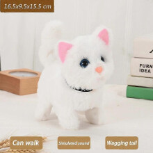 (Collared cat White) Electric plush toy for walking cat with voice, shaking head and wagging tail - perfect gift for