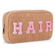 Preppy makeup bag chenille letter plush camel