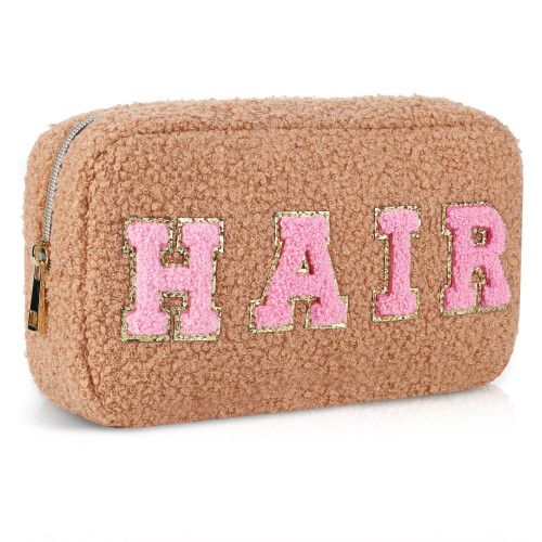 Preppy makeup bag chenille letter plush camel