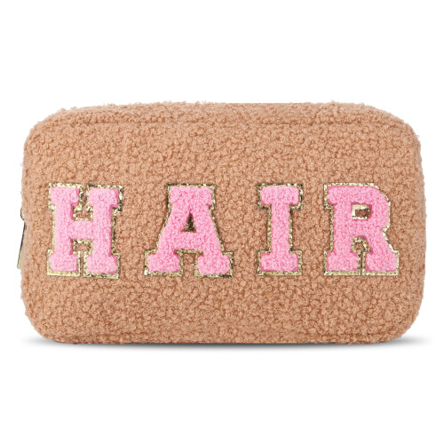 Preppy makeup bag chenille letter plush camel 1