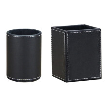 PU Leather Pen Holder Cup Desktop Organizer Black 2 Pack