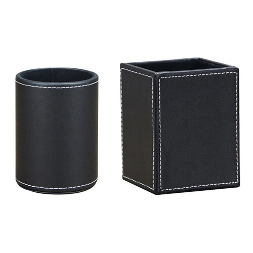 PU Leather Pen Holder Cup Desktop Organizer Black 2 Pack