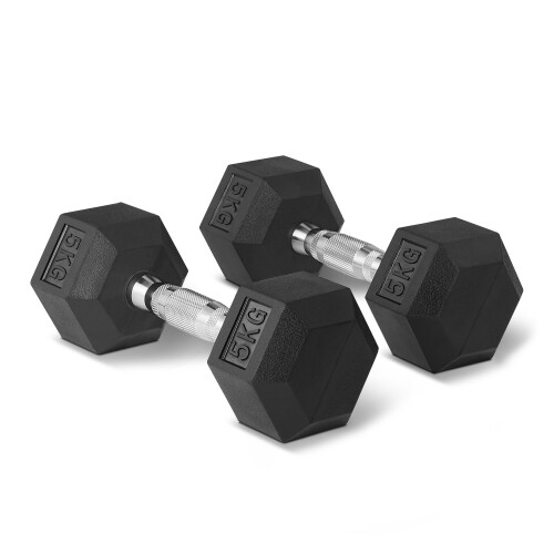 Rubber Encased Hex Dumbbell Weights Set, 5 kg, Black