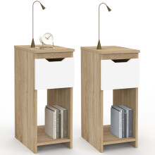 IDMarket - Lot de 2 Tables de Chevet étroites Anouk 1 tiroir avec Niche Bois façon hêtre et Blanc