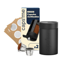 CAPSME - Kit Capsules Réutilisables Rechargeables Compatibles avec Nespresso Original, (2 Dosettes en Inox + 48 Couvercle Opercules en Papier)