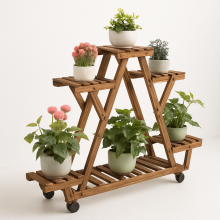 6 Tier Bamboo Wooden Plant Stand With Lockable Wheels