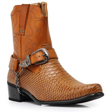 Alberto Fellini Men's Crocodile Prints Western Cowboy Boots with Side Zipper, Belt Buckle and Metal Chain Brown Size: 9 UK