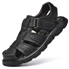 Feichi Men's Sport Sandals Closed Toe Outdoor Handmade Leather Sandal Adjustable Summer Fisherman Beach Shoes Black Size: 12