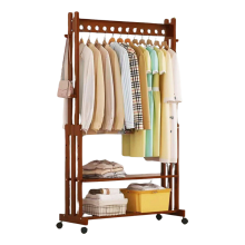 Bamboo Clothes Rail With Shelves & Wheels Walnut Brown