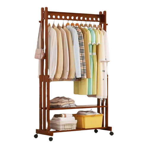 Bamboo Clothes Rail With Shelves & Wheels Walnut Brown