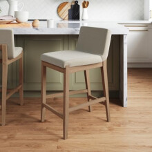 Nathan James Gracie Modern Counter Height Bar Stool with Back, Counter Stool Upholstered Chair with Natural Flax White Fabric and Brushed Light Brown