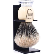 Parker Safety Razor Handmade Deluxe"Long Loft" 100% Pure Badger Shaving Brush with White & Chrome Handle - Brush Stand Included Ivory