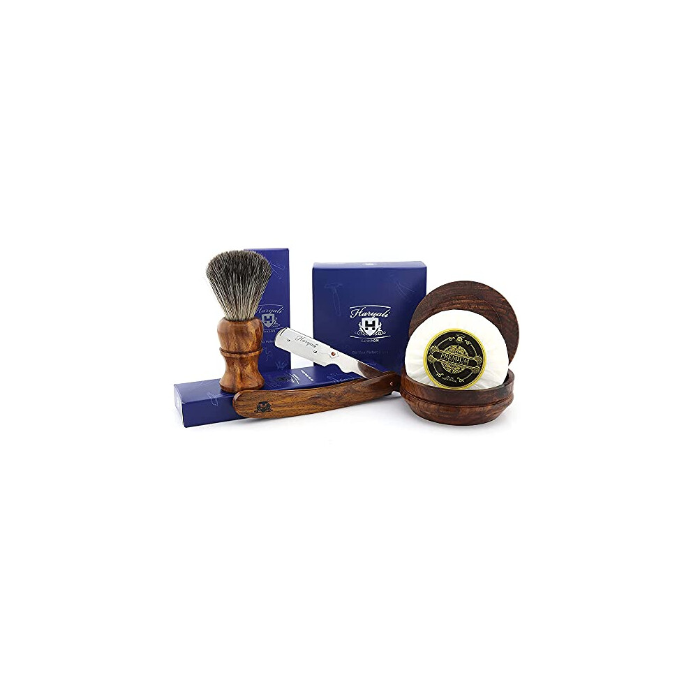 Haryali London Wooden Shaving Set With Straight Cut Throat Razor, Black Badger Look Synthetic Hair Shaving Brush - Shaving Soap And Bowl