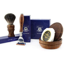 4 PCs Wooden Shaving Set with 5 Edge Razor, Pure Badger Hair Brush, Soap & Bowl