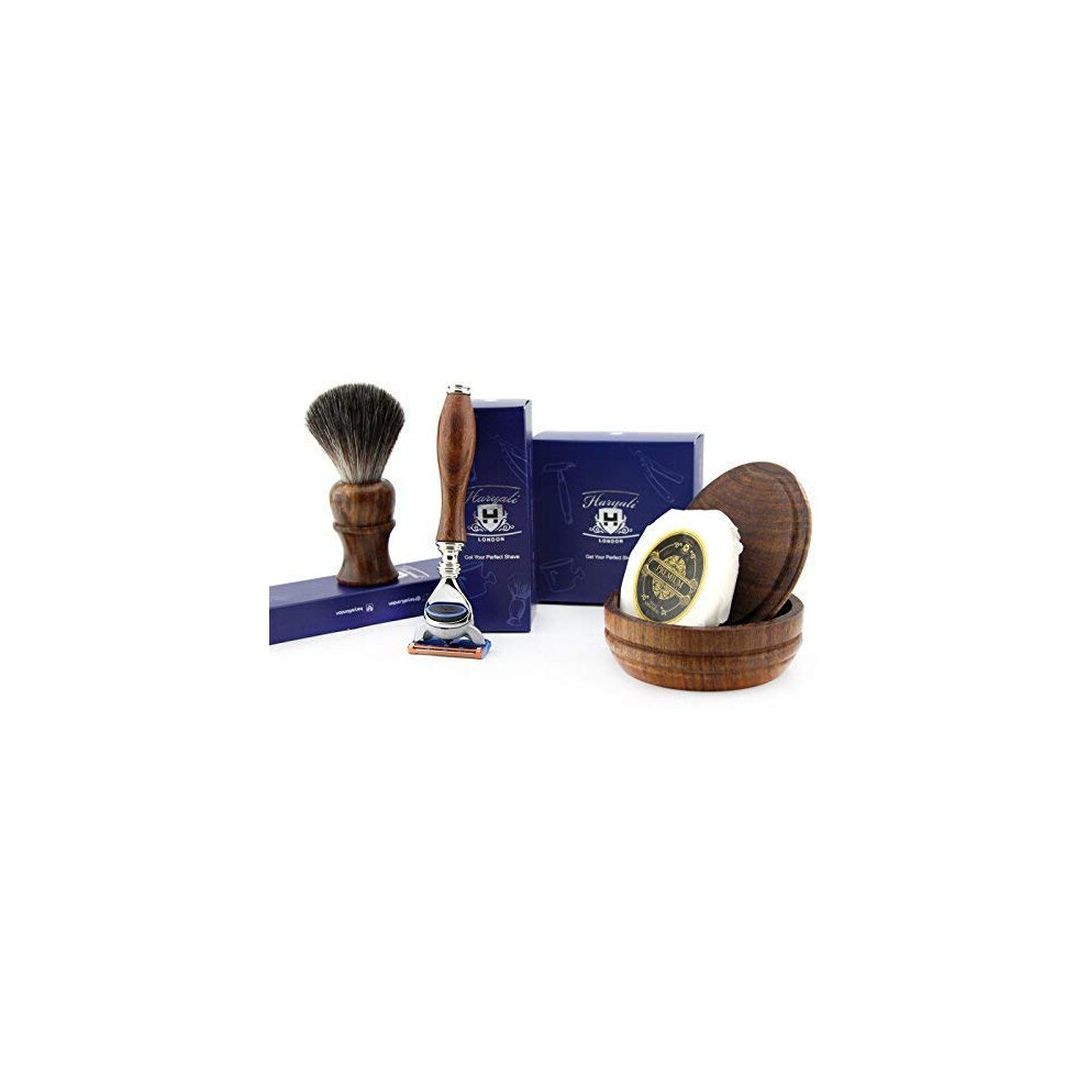 Haryali London 4 Pcs Wooden Shaving Set With 5 Edge Razor, Pure Badger Hair Brush, Soap & Bowl