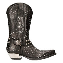 New Rock M-7928-S1 WESTERN COWBOY BOOTS Black Leather Heavy Biker SILVER STUDS - black 8