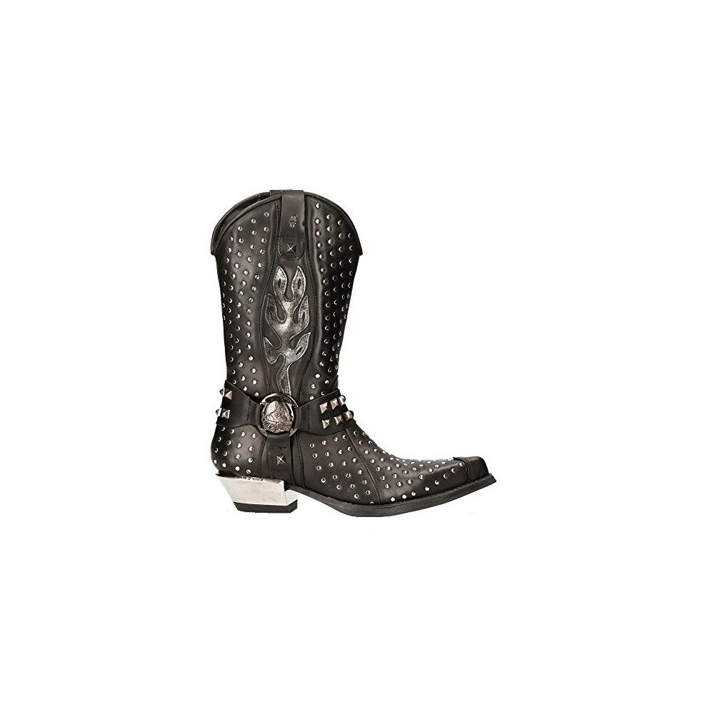 New Rock M-7928-S1 Western Cowboy Boots Black Leather Heavy Biker Silver Studs - Black 8