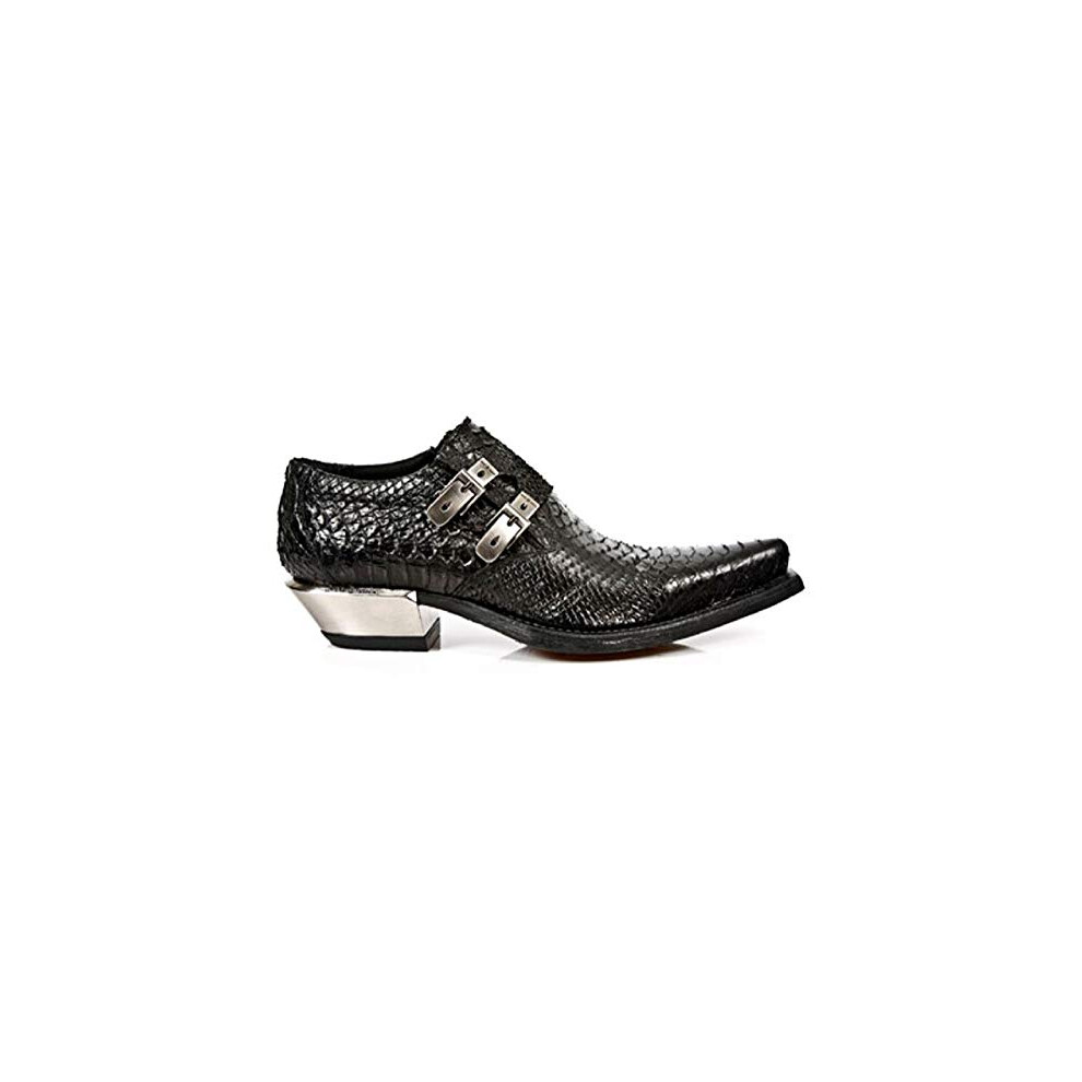 New Rock 7934-S2 Embossed Python Black Leather Buckle West Steel Heel Shoes Boot - Black 8