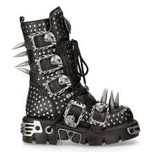 New Rock 1535-S1 Black Leather Military High Boots Metal Spikes Buckles Punk EMO - Black 10 UK