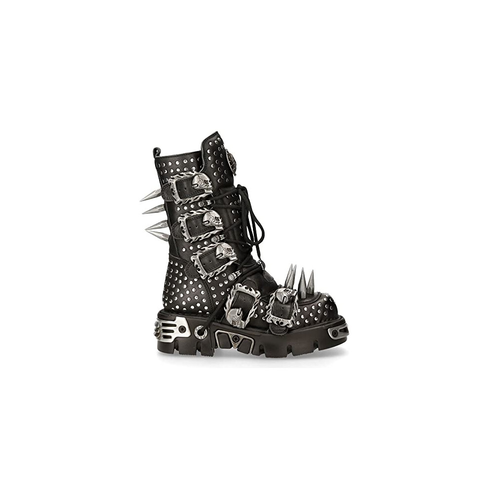 New Rock 1535-S1 Black Leather Military High Boots Metal Spikes Buckles Punk Emo - Black 10 Uk