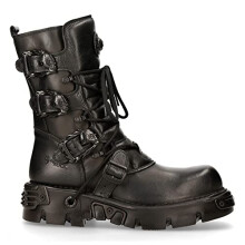 New Rock 391-S18 Black Leather Mid Calf Boots - Black 42