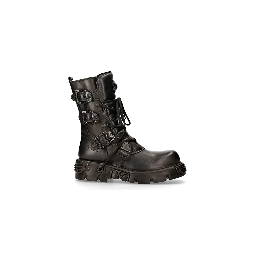 New Rock 391-S18 Black Leather Mid Calf Boots - Black 42