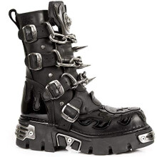 New Rock Mens Black Leather Skull Flame Reactor Boots M.727-S1 - black 9