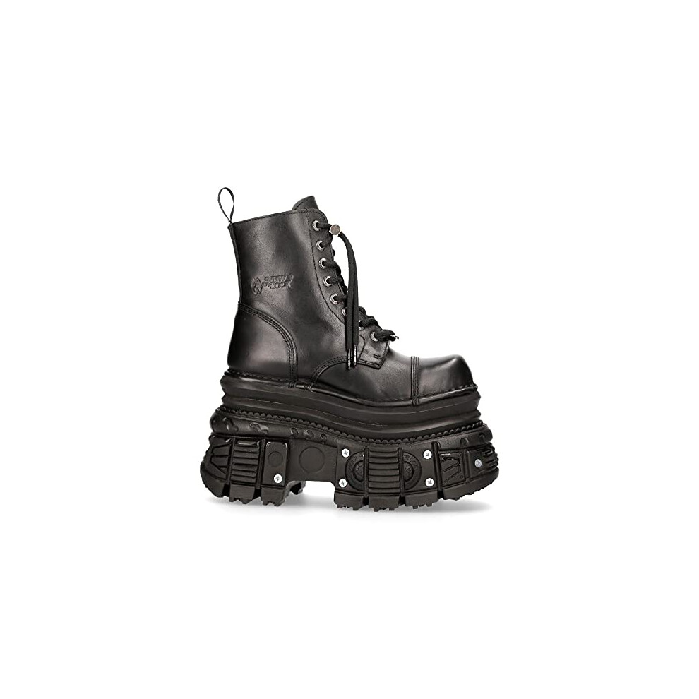 New Rock Mili083cct-C4 Metallic Black Leather Military Boots Punk Goth Rock - Grey 8 Uk