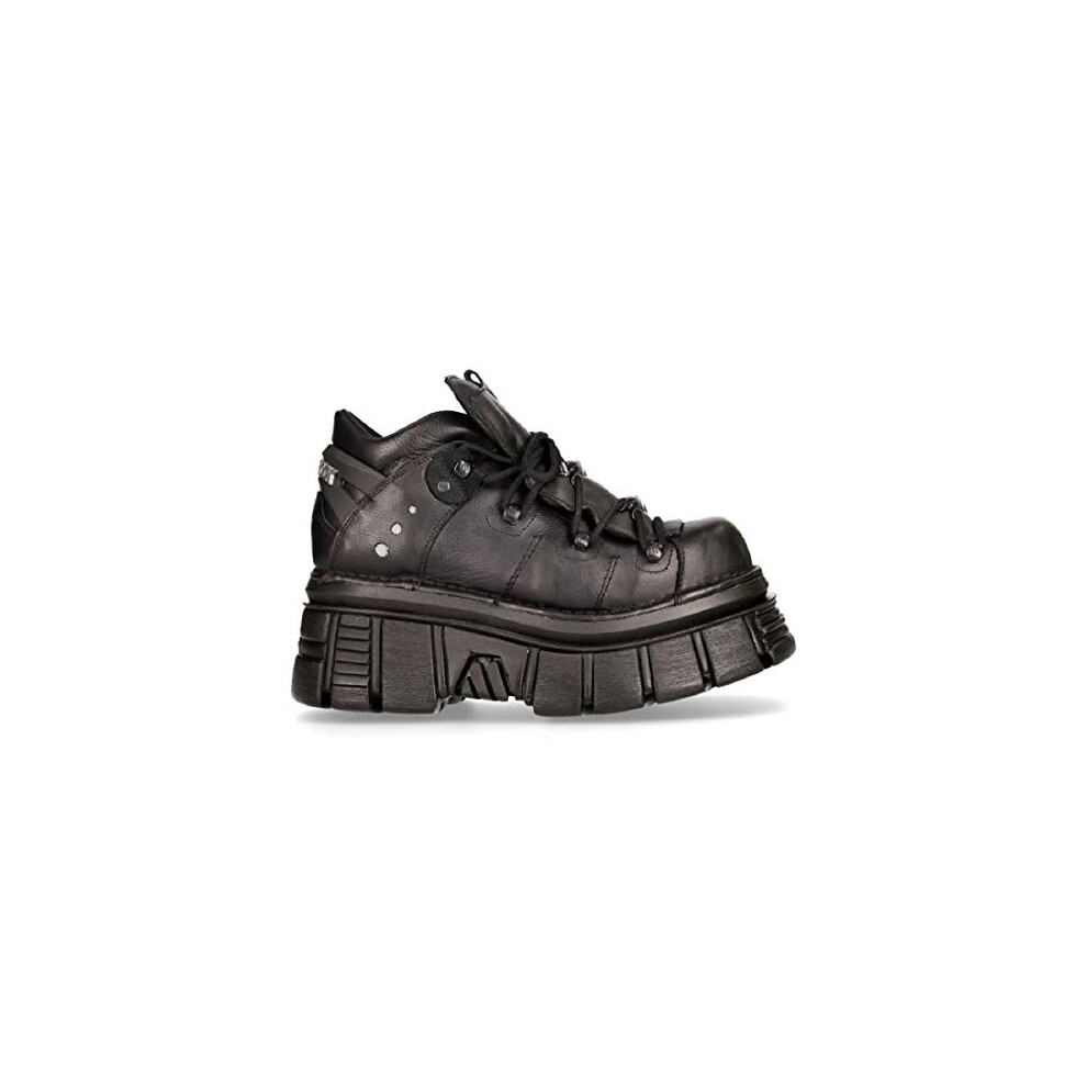 New Rock 106N-S52 Tower Shoes Metallic Black Leather Biker Punk Gothic Boots - Black 6