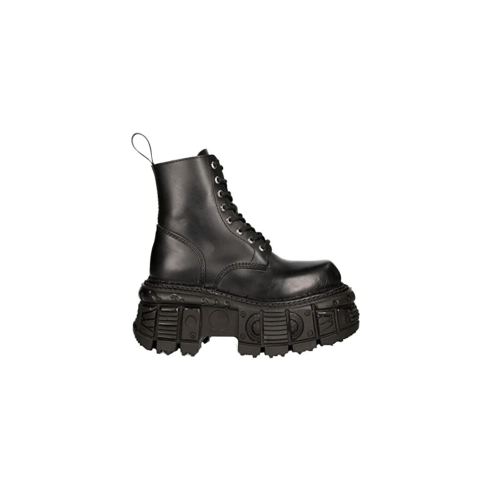New Rock M-Mili084n-S5 Unisex Black 100% Leather Platform Military Boots - Black 45