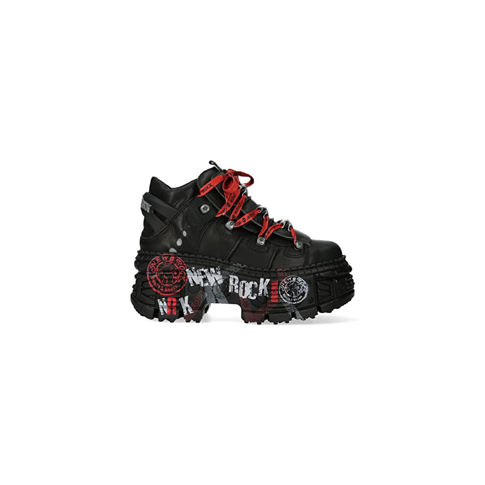 New Rock Boots Wall106-C9 Unisex Metallic Black Leather Platform Gothic Boots - Black 4 Uk