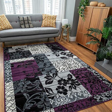 Modern Floral Patchwork Grey Durable Living Room Area Rug Stain Resistant Purple Oriental Classic Bedroom Entrance Carpet Mat Rugs 80cm x 150cm